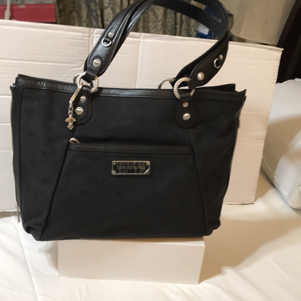 New! Judith Ripka jacquard tote with leather trim and silver tone hardware
